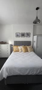 a bedroom with a large bed with pillows on it at Scotland Holiday Home in Peebles