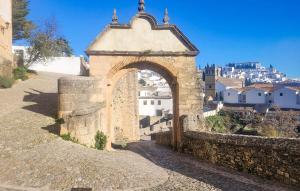 an archway on a wall with a city in the background at Casa Del Arco in Ronda