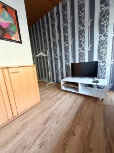 a living room with a television and a wooden floor at Riva Single Apartment in Hamm