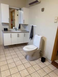un baño con inodoro y lavabo en Sigridtunet - 4 bedroom Arctic experiences by the sea, with great opportunities to see the Northern lights dancing just for you!, en Tromsø