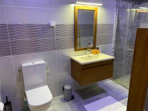 a bathroom with a toilet and a sink and a shower at Le belair in Le Diamant