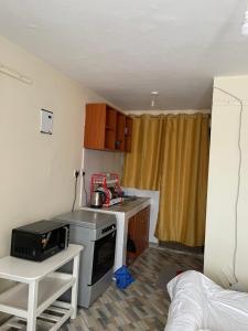 a small kitchen with a sink and a microwave at Studio Bnb in Kitengela 