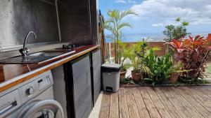Il comprend une cuisine avec un évier et un balcon orné de plantes. dans l'établissement VACANCES PAISIBLES - 1 petit déjeuner offert à partir de 2 nuits, à Saint-Paul