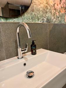 a bathroom sink with a bottle of soap on it at Zentrales Studio-Appartment mit Terrasse in Hildesheim