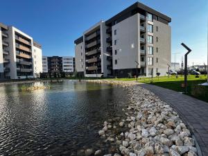 un étang au milieu d'une ville avec des bâtiments dans l'établissement Focsani Studio Residence, à Focşani