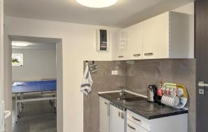 a kitchen with a sink and a room with a bed at 2 Bedroom Cozy Home In Salopeki Modruski in Modruš