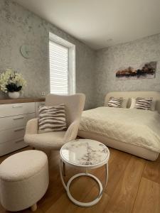 帕内韦日斯Rami studio apartment的一间卧室，里面有一张床、一把椅子和一张桌子