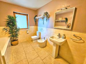 a bathroom with a sink and a toilet and a mirror at Swn Y Saith, dog-friendly stay in Tresaith in Tresaith +15 photos
