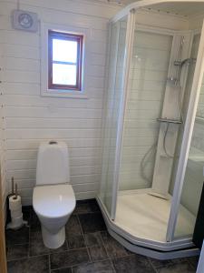 ein Badezimmer mit Toilette und Dusche in der Unterkunft Rabben in Årjäng
