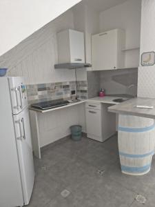 a kitchen with white cabinets and a refrigerator at Al Baglio di Sant'Elia in Santa Flavia