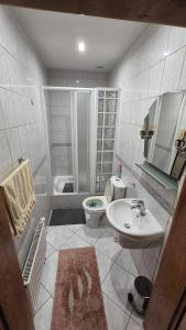 a bathroom with a sink and a toilet and a shower at Restauracja Joanna in Gogolin