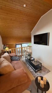 a living room with a couch and a flat screen tv at HTS Mosel Apartment Wanderlust Bernkastel Andel in Bernkastel-Kues +9 photos