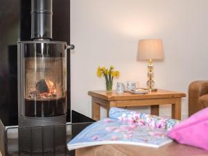 a living room with a wood stove in a room at Harewood Barn in Brompton Regis