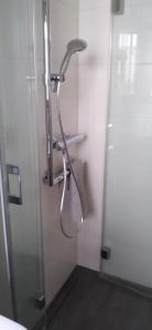 una ducha en un baño con puerta de cristal en Ferienwohnung Eichfeld, en Malsfeld