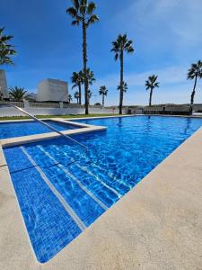 a blue swimming pool with palm trees in the background at Casa Veran at La Finca Golf in Algorfa