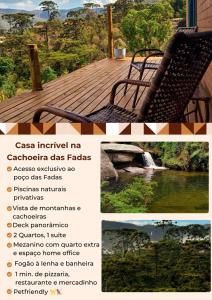eine Collage aus Fotos von einem Deck mit einer Bank und einem Fluss in der Unterkunft Casa na Cachoeira das Fadas - Matutu, Aiuruoca - MG in Aiuruoca
