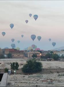 Ein Haufen Heißluftballons fliegt in den Himmel in der Unterkunft Carter Guesthouse Luxor 2 in ‘Ezbet Abu Ḥabashi