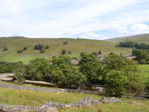 a view of a field with trees and a stone wall at Holly Cottage in Richmond