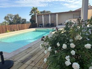 a swimming pool with white flowers next to a house at Villa Nomade proche de Cannes in Vallauris