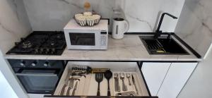 a small kitchen with a stove and a microwave at PushkinApart in Batumi