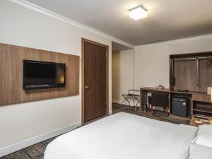 サンパウロにあるNovotel SP Jardinsのベッドと壁にテレビが備わるホテルルームです。