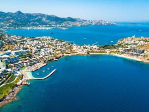 eine Luftansicht einer Bucht mit Booten im Wasser in der Unterkunft The Bodrum Hotel Yalıkavak - MGallery Collection in Yalıkavak