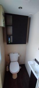 ラ・トランブラードにあるMobil home, 4 personnes, camping 3 étoiles à la Trembladeの白いトイレと洗面台のあるバスルーム +9枚の写真