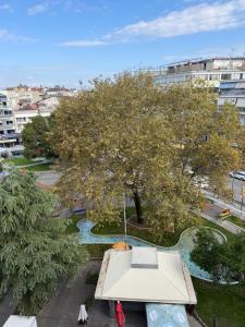 a picnic table in a park with a tree at Nest Studio in Katerini +1 photo