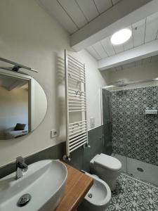 a bathroom with a sink and a toilet and a mirror at La Casetta nel Borgo in Cerisano