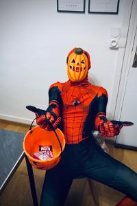 a person dressed in a spider man costume holding a basket at Le repaire des héros 150m plage parking privé - lesvoyagescolorés in Saint-Valéry-en-Caux
