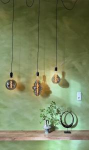 a group of lights hanging from a green wall at Nordic Zen Loft mit Garten in Magdeburg
