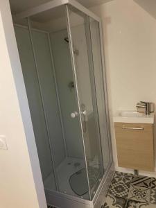 a glass shower in a bathroom with a sink at Studio calme in Merlevenez