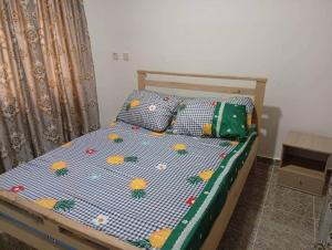 een slaapkamer met een bed met een blauw en oranje dekbed bij Entire 1 Bedroom flat in Lagos in Orile