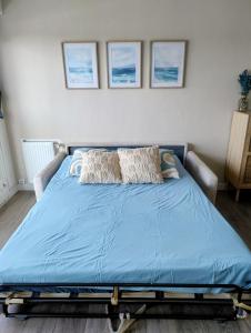 a blue bed in a bedroom with three pictures on the wall at Le Galop Bleu in Cagnes-sur-Mer