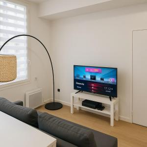 a living room with a couch and a television at Cozy apartment Écusson - Montpellier in Montpellier