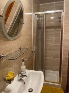 une salle de bain avec lavabo et douche dans l'établissement Georges holiday apt the blue suite, à Inverness