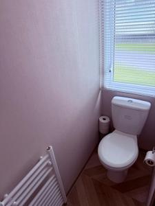 a bathroom with a white toilet and a window at Dune View Caravan in Ynys-lâs Station +5 photos