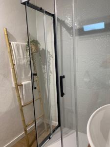 a glass shower door in a bathroom with a sink at Casinha do Riacho in Loureda