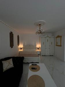 a living room with a bed and a couch at Apartament Królewski in Gniezno