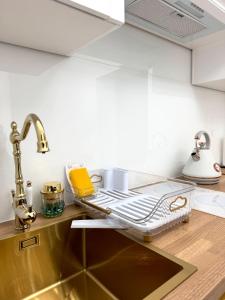 a kitchen with a stainless steel sink and a counter at Apartament Królewski in Gniezno