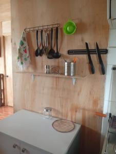 una encimera de cocina con utensilios colgados en la pared en Hospedaje nelly, en Pucón