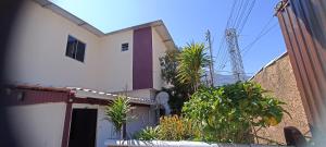 een wit huis met palmbomen ervoor bij Suites Pico do Cristal in Caparaó Velho