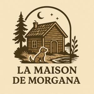 a log cabin with a dog sitting in front of a house at La Maison de Morgana in Bemoko