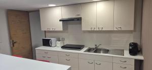 LucéにあるRué de Romeの白いキャビネットとシンクと電子レンジを備えたキッチン