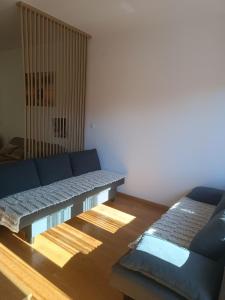 a living room with a blue couch and wooden floors at Apartman Markovic Rich in Loznica