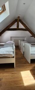 Un dormitorio con dos camas en un ático. en Gite Saint Martin du Boschet, 1h15 de Paris, en Saint-Martin-du-Boschet