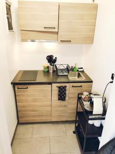 a small kitchen with wooden cabinets and a sink at Suite Athéna - Melun gare RER - Studio avec Balcon et parking in Melun +14 photos