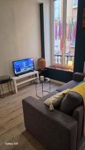 a living room with a couch and a flat screen tv at Cosy appart in Digne-les-Bains