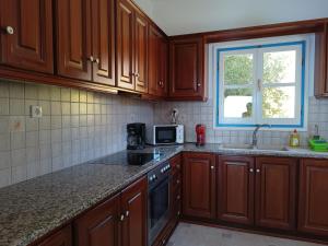 a kitchen with wooden cabinets and a window at Villa Thea Kalymnos with swimming pool and sea view in Panormos Kalymnos