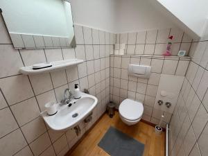 a small bathroom with a sink and a toilet at Zimmer-Bad-TV-Kühlschrank-16 in Meine